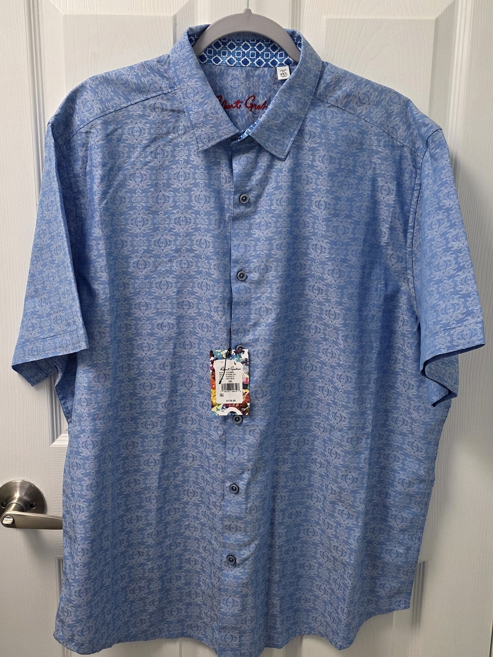 Robert Graham Short Sleeve Button Up Shirt Mens 3XL Blue Stellman All Over Print